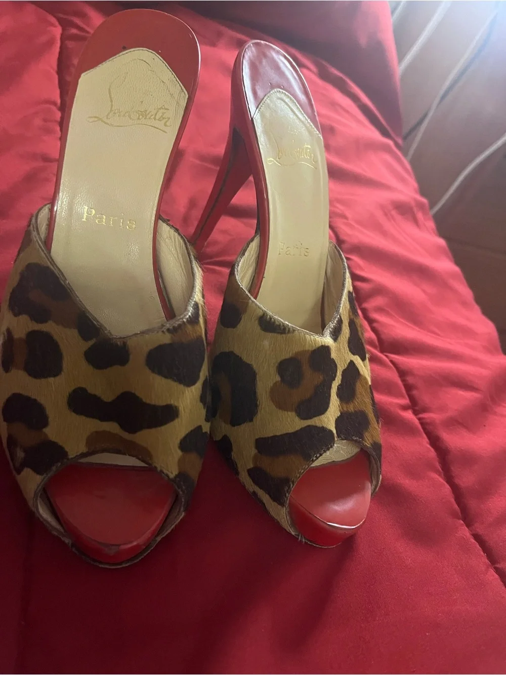 Christian Louboutin Leopard-Print Open-Toe Heels with Red Sole